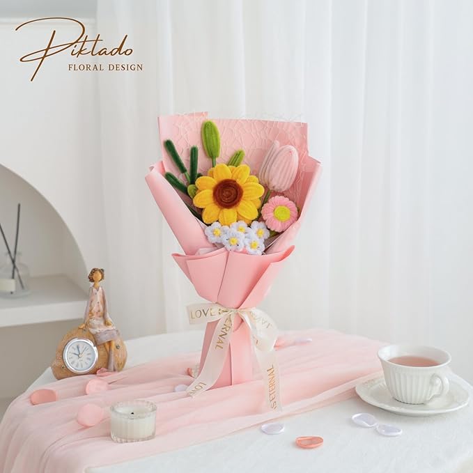 Hand-Woven Flower Bouquet Finished（1pcs） for Mother Girlfriend Birthday Gift Wedding Decoration Crochet Artificial Flower, Bouquet Gift (Sunflower Pink)