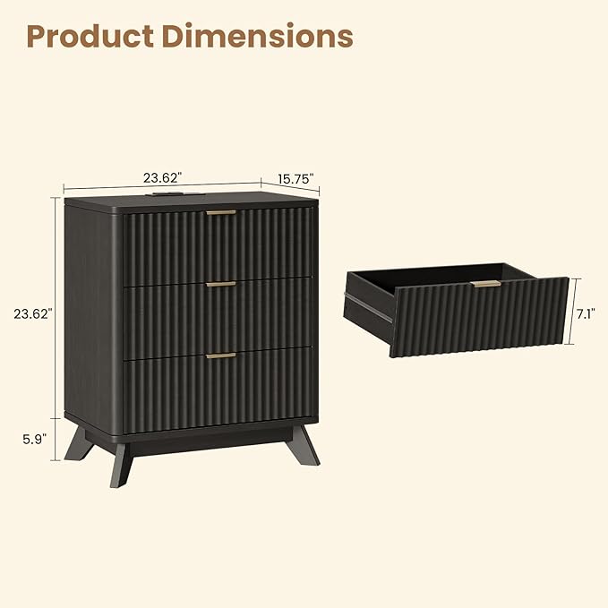 30" Tall Fluted NightStand,3 Drawers End Table with Charging Station,Modern Side Table with Storage, Night Stand Wood Bedside Tables for Bedroom,Curved Profile Design,Black