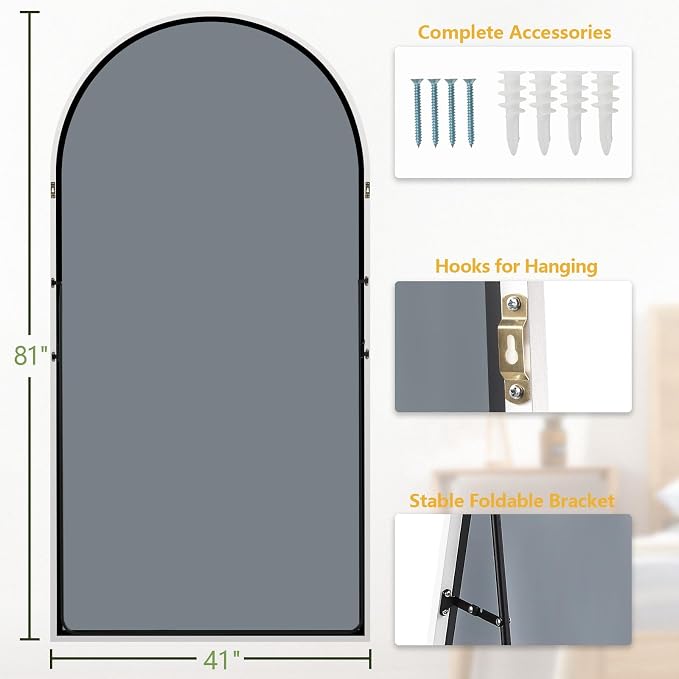 Dewfig Arched Full Length Mirror, 81"x41" Large Floor Mirror with Stand, Oversized Full Body Mirrors for Leaning or Hanging, Wall Mounted Mirrors for Bedroom, Living Room,Dressing Room, White