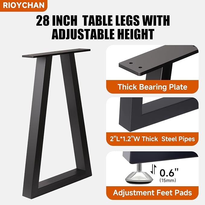 Metal Table Legs 28x17.7 Inch Trapezoid Desk Legs, Heavy Duty Industrial Steel Furniture Feet Set of 2 for DIY Kitchen Table Base, Console, Computer Desks (Black)