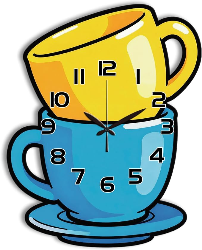 Stacked Coffee Cups Wall Clock Irregular Shape Decorative Wall Clock Cartoon Style Non-Ticking Clock for Home Office Decoration, 16.14×11.49 inch
