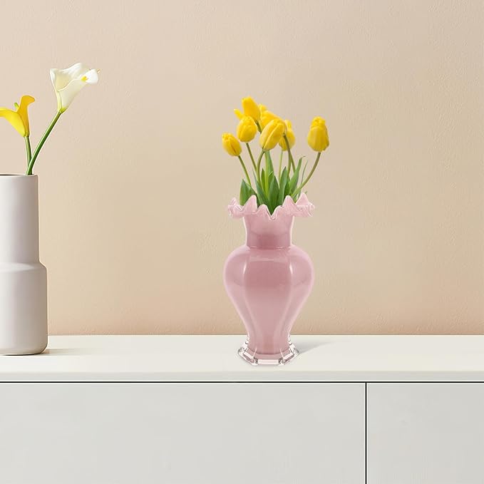 Pearlescent Handblown Glass Vase Wide Mouth Wavy Pattern Artistic Flower Pot Tabletop Glass Bud Vase for Home Dining Living Office Entryway Kitchen Pink Centerpiece Decor