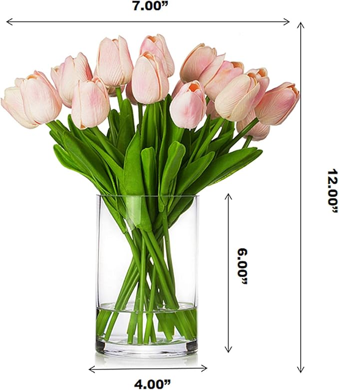ENOVA HOME 20 Pieces Artificial Real Touch Tulips Flower Arrangement in Glass Vase with Faux Water for Home Decoration (Pink)