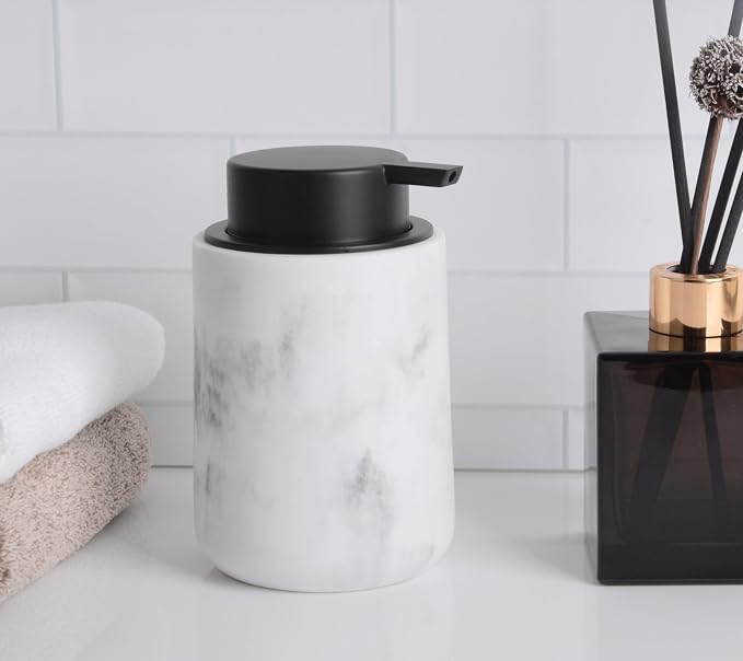 Clasin Home Resin Hand Soap Dispenser Easy-to-Press Liquid Pump, Refillable Soap Dispenser with White Marble Look, Waterproof Bottle Labels for Bathroom Kitchen Dish Lotion (White, 10 oz)