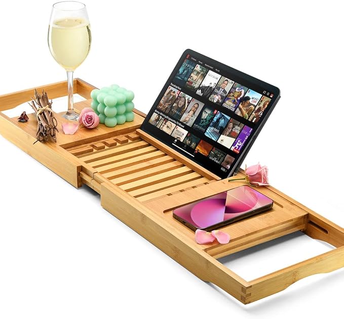 Luxury Foldable Bathtub Tray Caddy - Waterproof Wood Bath Tray for Tub, Expandable Size Fits Most Tubs, Bathroom Accessories for New Home & Mothers, Birthday Gifts for Mom