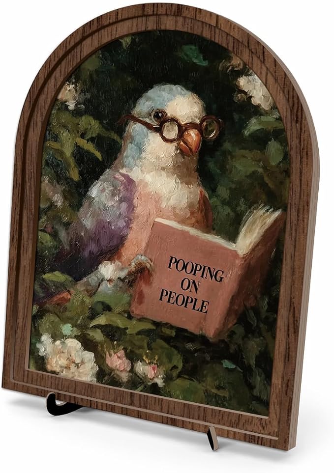 Wooden Tabletop Decor Funny Reading Bird Art for Bookshelf Desk Shelf, Vintage Floral Bird Sign with Rustic Frame and Stand, Home Office Decorative Accent for Bird Lovers