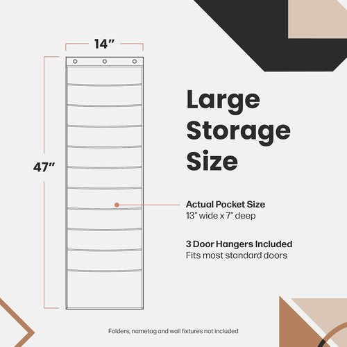 Black Pocket Chart for Classroom | 10 Pocket Storage Organizer with 3 Over Door Hangers