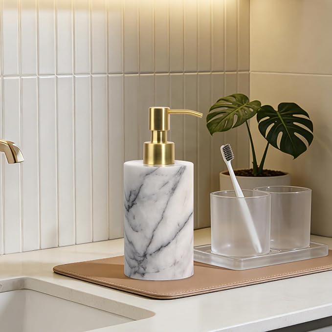 Natural Marble Soap Dispenser for Bathroom and Kitchen Countertop - 5.41 Ounces Hand Lotion and Liquid Stone Shampoo Laundry Bottle with Pump (1, Lilac, Cylindrical Bottle)