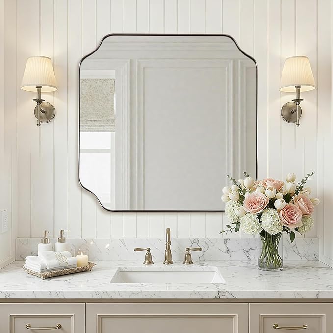 ANDY STAR 24"x24" Brushed Nickel Square Mirror, Silver Bathroom Mirror for Wall, Modern Scalloped Mirror in Anti-Rust Stainless Steel Frame, Styled Scalloped Edge Design Ideal for Home Decor