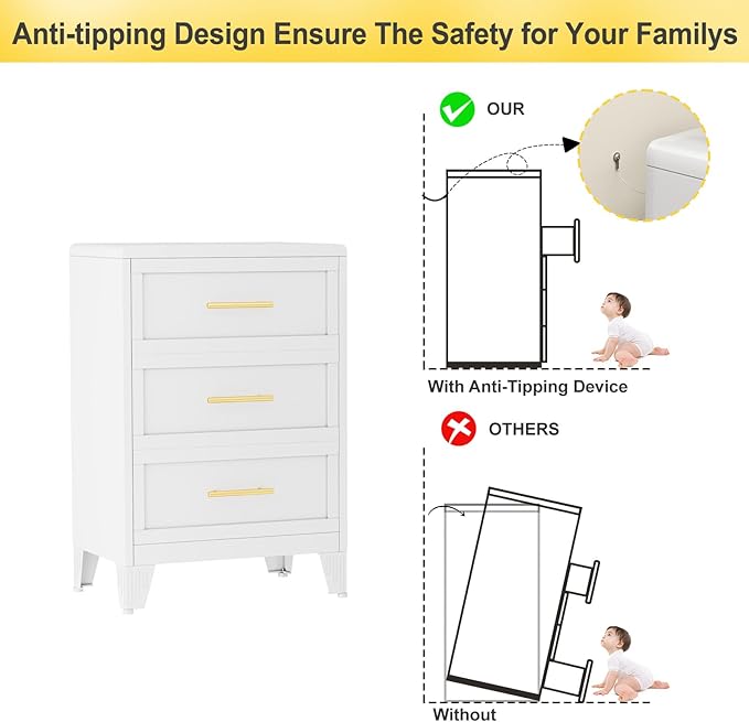 3 Drawers Tall White Dresser for Bedroom, 35.43" Metal Dressers & Chests of Drawers Curved Corner Design, Storage Organizer Drawer Chest with Large Capacity for Living Room, Entryway, Hallway
