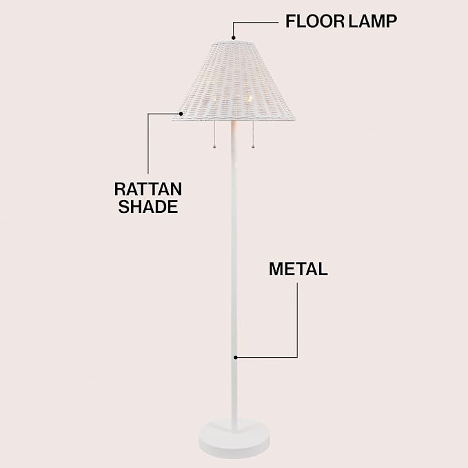 JONATHAN Y 61" White 2-Light Coastal Bohemian LED Floor Lamp for Living Room, Brown Rattan Shade, Mid-Century Modern Tall Standing Lamp, Pull-Chain, LED Bulbs Included (JYL3092B)
