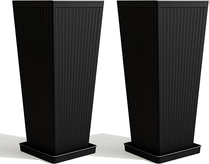 Tapered Tall Planters for Outdoor Plants 2 Pack- 23.6 Inch Square Indoor Flower Pots with Drainage Holes and Partition/Tray Saucers, Large Outdoor Planters for Porch Patio Garden, Black