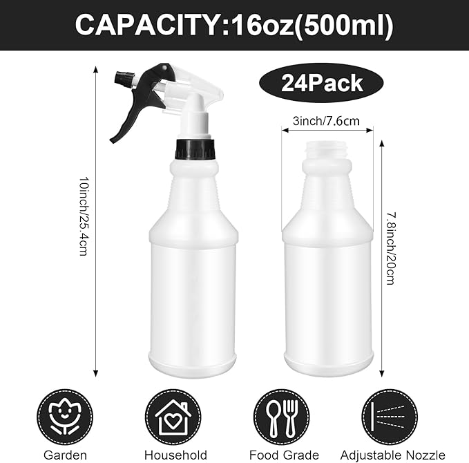 Rtteri 24 Pcs 16 Oz Plastic Spray Bottle for Cleaning Solutions Bulk Empty and Reusable Leak Proof Spraying Bottles for Cleaning, Water, Auto Details, Commercial, Bathroom(Black, White)