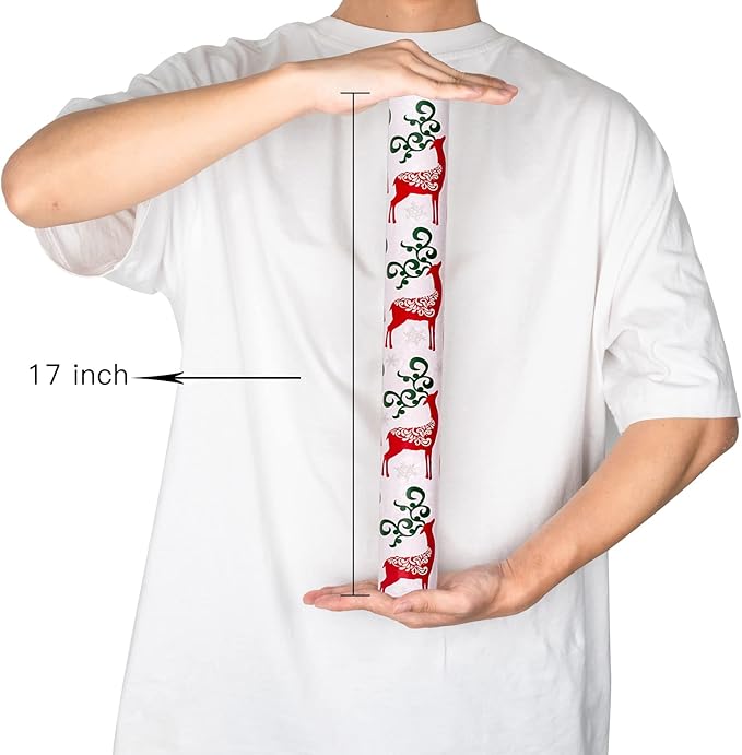 MAYPLUSS Christmas Reversible Wrapping Paper - Mini Roll - 17 Inch X 32.8 Feet- Red Green Reindeer Design (47.3 sq.ft.ttl)