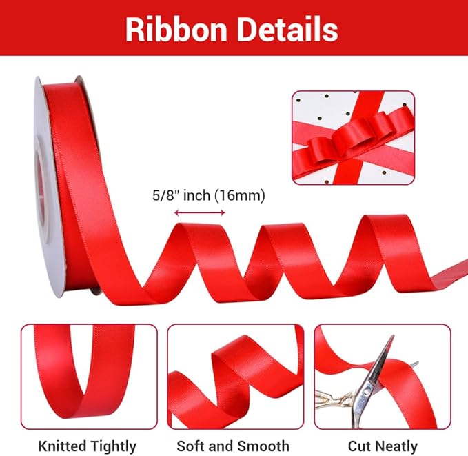 YAMA Red Double Face Satin Ribbon 5/8" 25 Yards Red Ribbon for Gift Package Wrapping,Floral Design,Hair Bow Clip Making,Crafting,Sewing,Wedding Decor