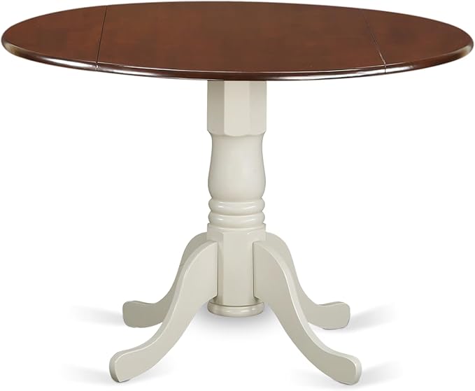 East West Furniture DLT-MLW-TP Dublin Modern Dining Table - a Round Kitchen Table Top with Dropleaf & Pedestal Base, 42x42 Inch, Mahogany & Linen White