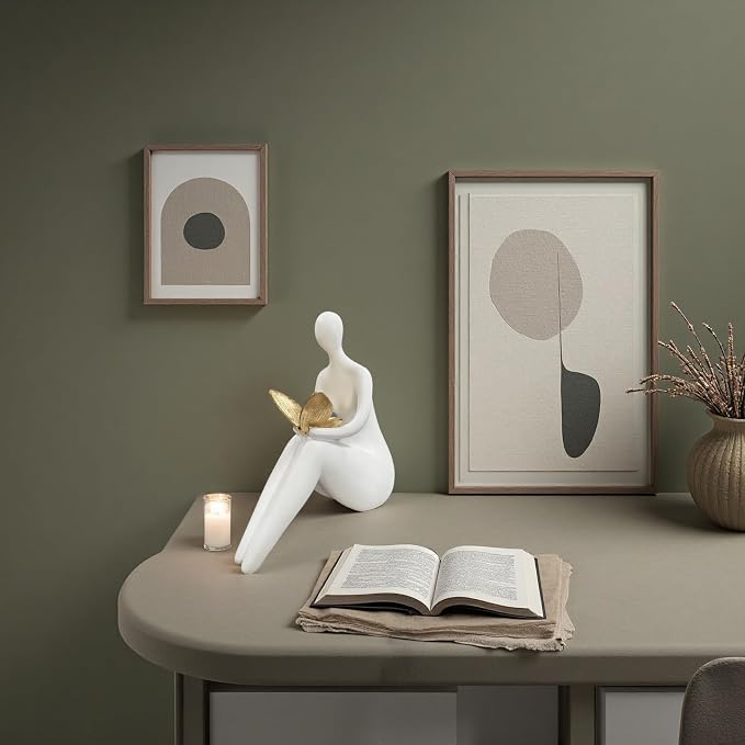 Lescafita White Abstract Sitting Figurine with Gold Butterfly – Modern Shelf Sitter Sculpture for Home Decor, Minimalist Statue, Elegant Desk Ornament for Living Room, Office & Bookshelf Decoration