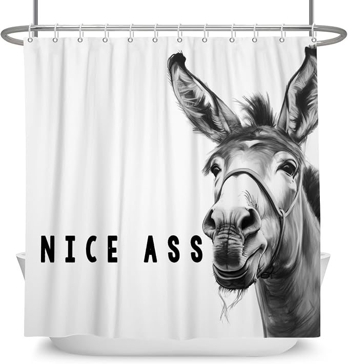 Funny Donkey Shower Curtains Joke Hilarious Animal Bathroom Curtain Rustic Farmhouse Cute Donkey White Shower Curtain Sets for Bathroom Extra Long 60x72 in with 10 Hooks
