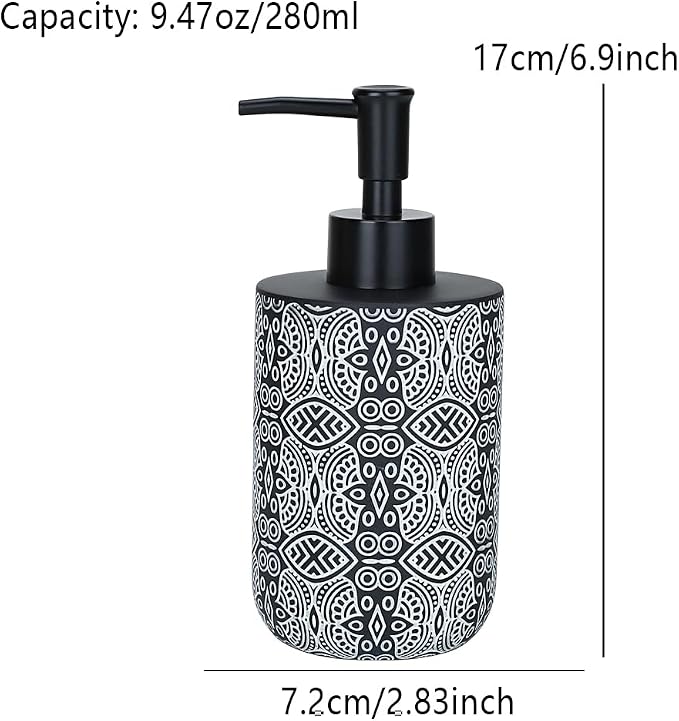 2pcs Hand Soap Dispenser Set, Boho Carving Resin Liquid Soap Dispensers for Bathroom Countertop, Heavy & Sturdy Dish Wash Soap Dispenser for Kitchen, Black