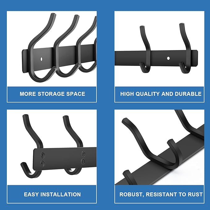 HAMUTH Wall Hooks Heavy Duty, 12 Inch Coat Rack Wall Mount with 4 Hooks, Black Wall Hooks for Entryway, Bathroom - for Hanging Backpack, Bag, Coat, Purse, Hat, Towel, Clothes,2 Packs