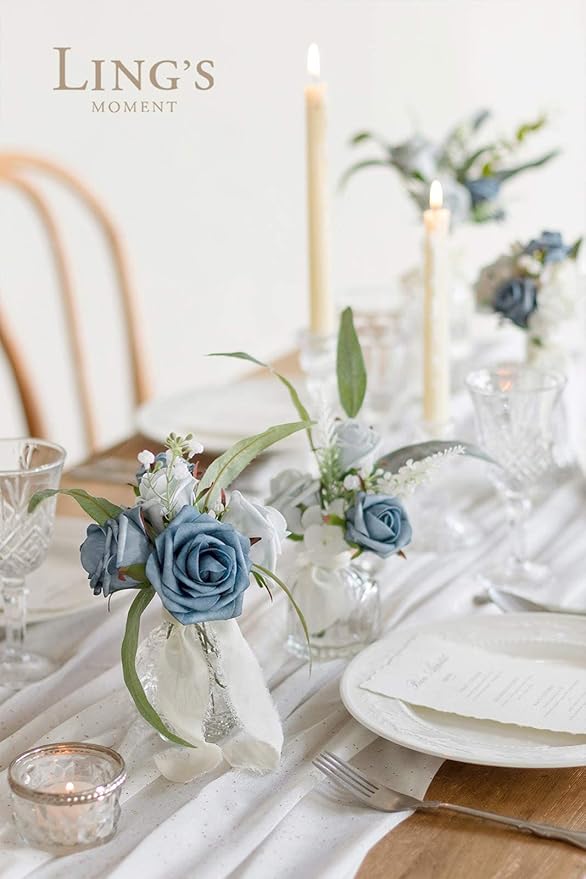 Ling's moment Artificial Rose Buds and Petite Roses w/Stem Pack of 25 for DIY Wedding Bouquets Centerpieces Decorations Boutonniere Corsages (Dusty Blue Shades)