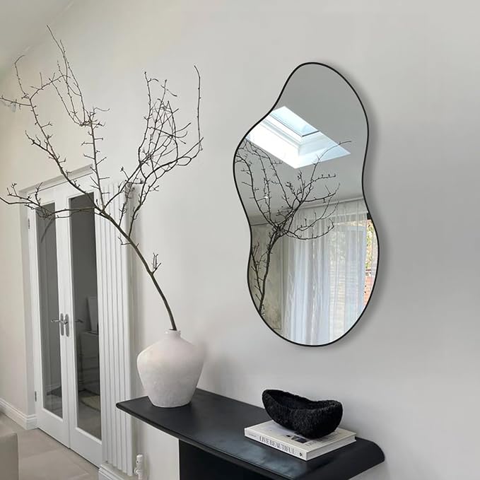 Irregular Wall Mirror 20×36 Inch Wall Mirrors Decorative Black Modern Asymmetrical Abstract Mirror for Bathroom Bedroom Living Room Entryway Hallway