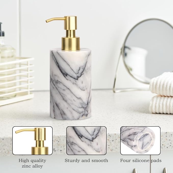 Natural Marble Soap Dispenser for Bathroom and Kitchen Countertop - 5.41 Ounces Hand Lotion and Liquid Stone Shampoo Laundry Bottle with Pump (1, Lilac, Cylindrical Bottle)
