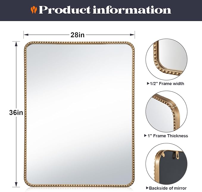 28"x36" Champagne Bronze Mirrors for Bathroom, Brass Vintage Bathroom Wall Mirror with Beaded Frame, Gold Beaded Mirror for Vanity Ornate Bedroom