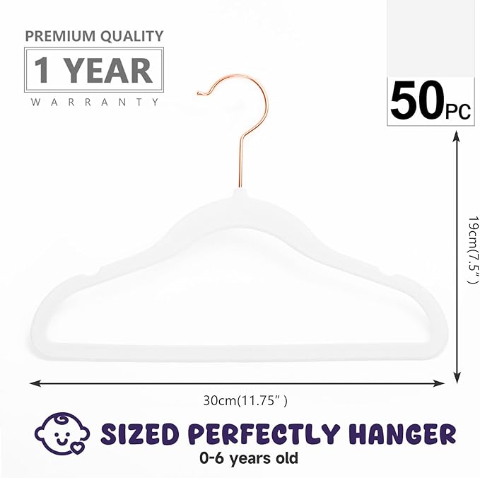 MIZGI Baby Velvet Hangers,Non-Slip Kids & Toddler Hangers,11.8 Inch Hangers for Baby Clothes,Pack of 50(White)