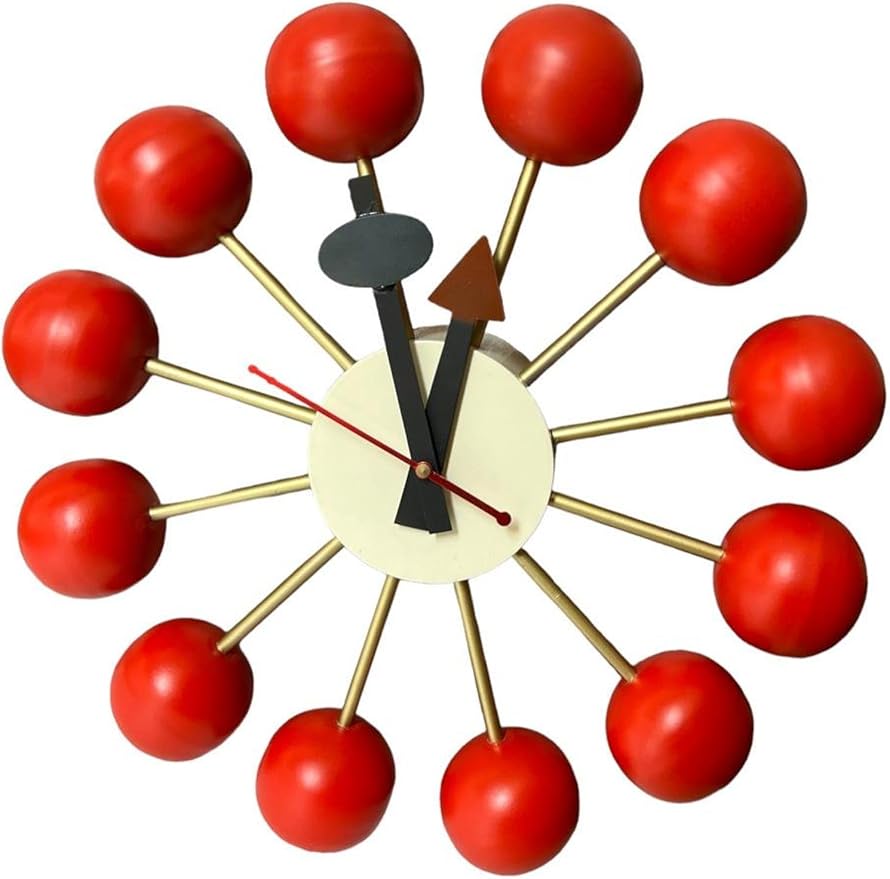 Mid Century Modern Ball Clock – George Nelson Style Wooden Wall Clock, Retro Starburst Design, Silent Non-Ticking Decorative Wall Decor for Living Room, Office, Kitchen & Home (Red, 30 Inch)
