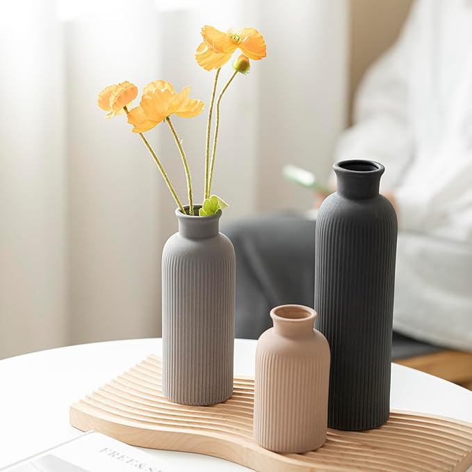 Modern Ceramic Vase Set, Black Ribbed Matte Design, 3-Piece Decorative Vases for Home, Living Room, Office (Black Mix)