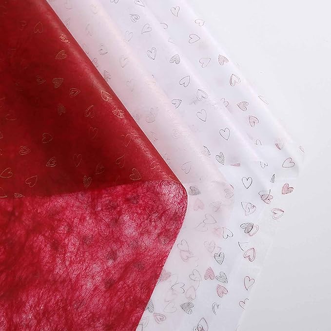 FAYADA 40 Sheet Korean Cotton Non-Woven Waterproof Flower Wrapping Paper, 22.8x22.8 Inch/pcs Floral Tissue Paper for flower bouquets Florist Supplies, Gift Packaging (Wine Red Heart)