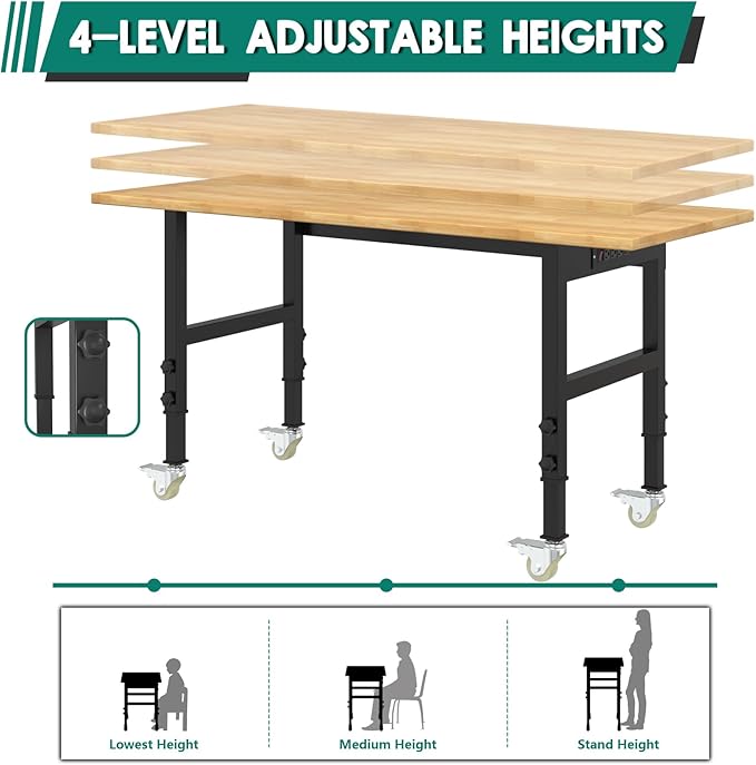 Adjustable Heavy Duty Workbench with Metal Wheels,Rubber Wood Top Working Table, 2500 LBS Load Capacity with for Workshop and Office,etc.