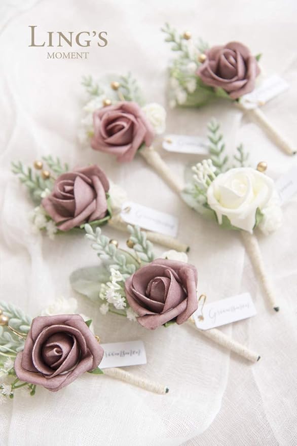 Ling's moment Artificial Flowers 1.5" and 2" Dusty Rose 25pcs Realistic Rose Buds and Petite Roses w/Stem for DIY Wedding Bouquets Centerpieces Boutonniere Corsages Flower Decorations