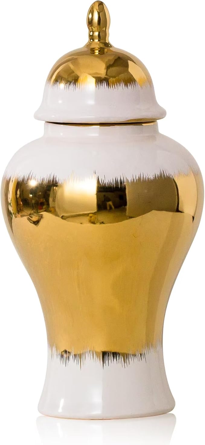 Ginger Jar, White Ceramic Ginger Jar Vase with Gold Trim, White and Gold Vase for Decor Kitchen, Bookshelf Decor, Storage jar, Table Center Vase, Temple Jar(14in
