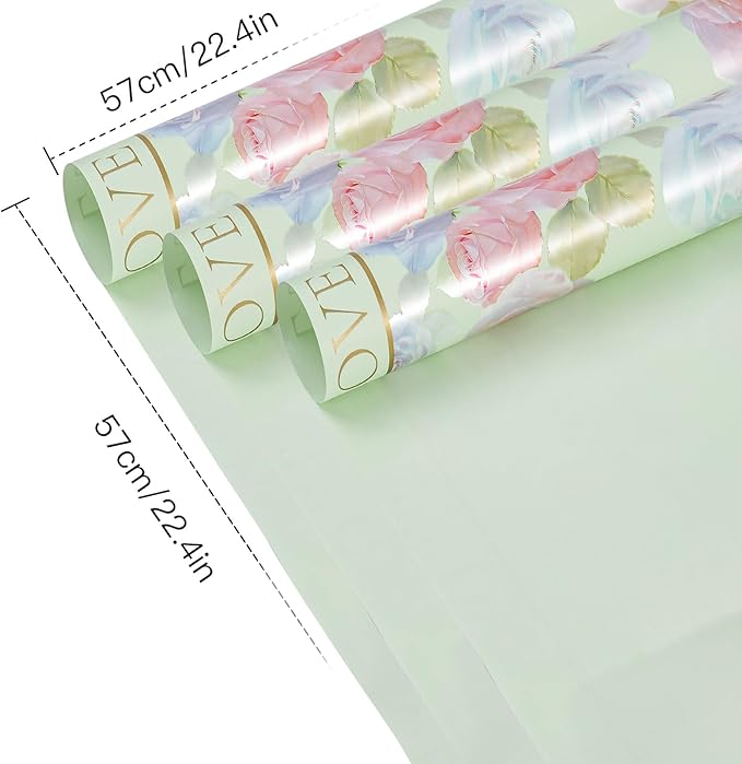 WRAPAHOLIC 20 Sheets Light Green Flower Wrapping Paper - 22.4 x 22.4 inch Rose Design Water-Resistant Floral Bouquet Wrapping Paper, Florist Supplies Packaging for Wedding Birthday Gift DIY