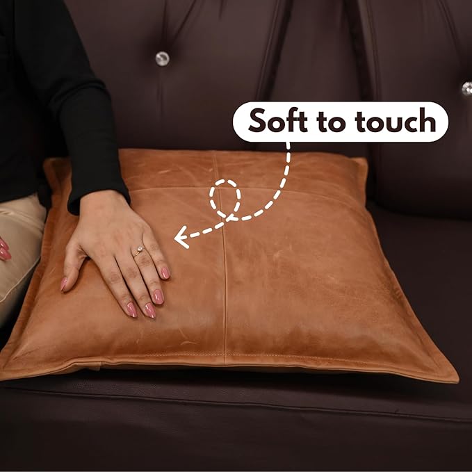 D DOLLY LAMB Lambskin Leather Pillow Cover - Sofa Cushion Case - Decorative Throw Covers for Living Room & Bedroom, 14x14 Inches - Antique Brown Box Pack of 1