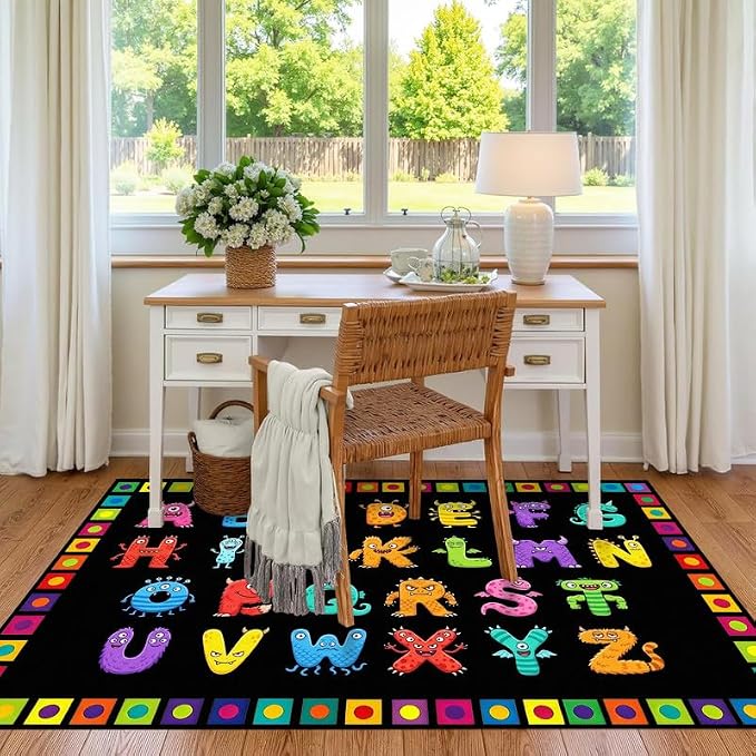 Alphabet Monster Area Rug for Kids 4'x6' Colorful ABC Learning Carpet Non Slip Educational Play Mat for Nursery Bedroom Playroom Classroom Living Room Home Decor
