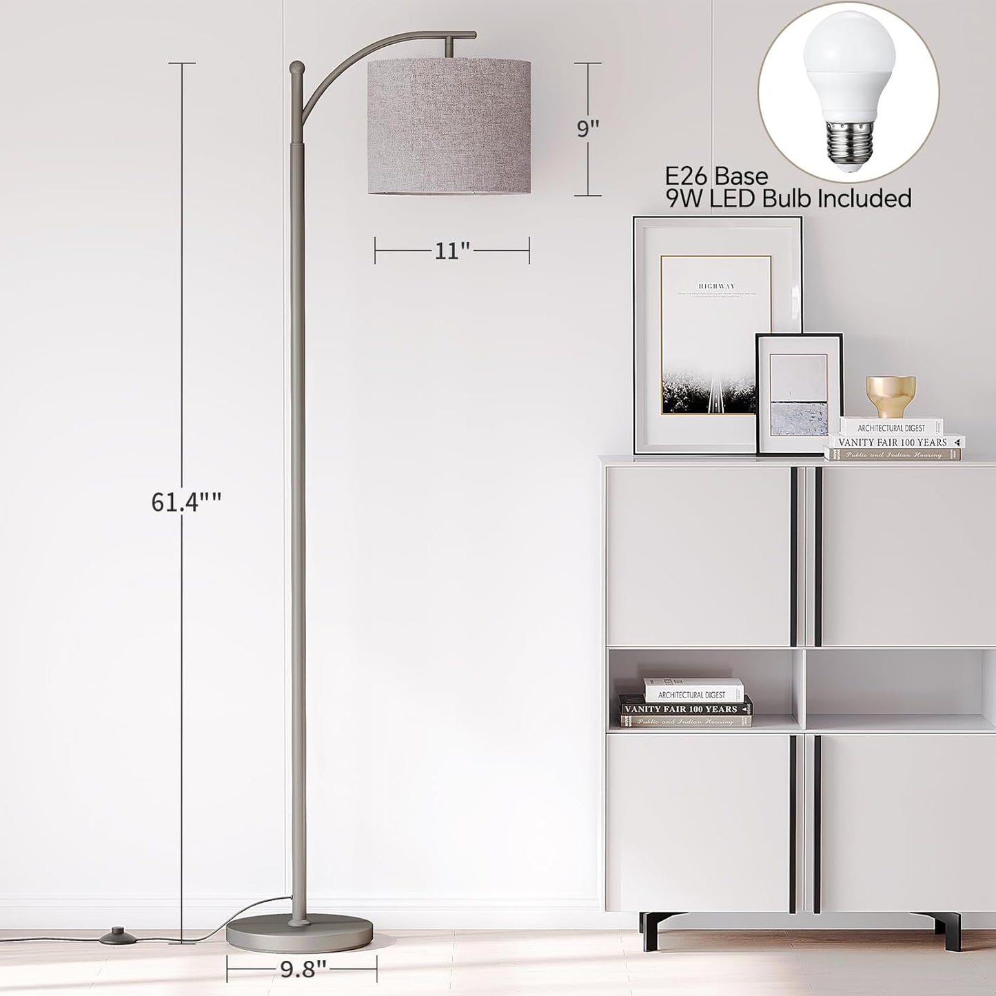 SUNMORY Arc Floor Lamp - Modern Design with 9W Adjustable 3-Color Temperature Bulb | Tall Metal Standing Lamp for Living Room, Bedroom, Office