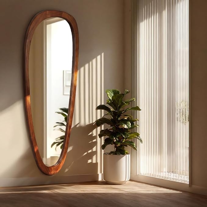 60''x22'' Asymmetrical Mirror with Wood Frame, Small Irregular Wavy Wall Mirror, Odd Shaped Mid Century Modern Mirror Decor for Bedroom Living Room Entryway Hall