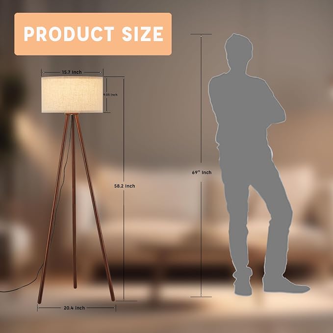 BTP Wood Tripod Floor Lamp for Living Room, 3 Color Temparature Bulb Included, Mid Century Modern Wooden Floor lamp with Linen Shade for Bedroom, Office, ETL Listed Walnut Wood Color