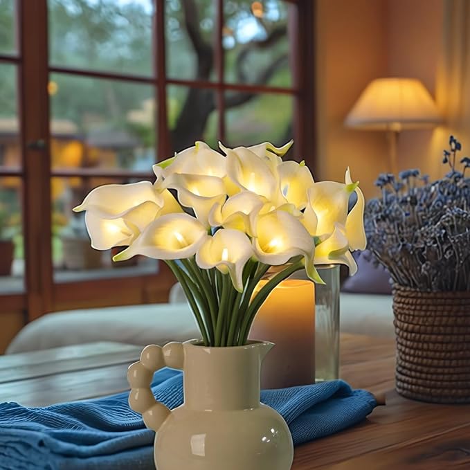 20pcs Lighted Artificial Calla Lily Bouquet Lamp Faux Floarl Night Light Real Touch Flower Night Lamp LED Calla Lily Lighted Artificial Flower for Holiday Gifts Home Kitchen Decor(White)