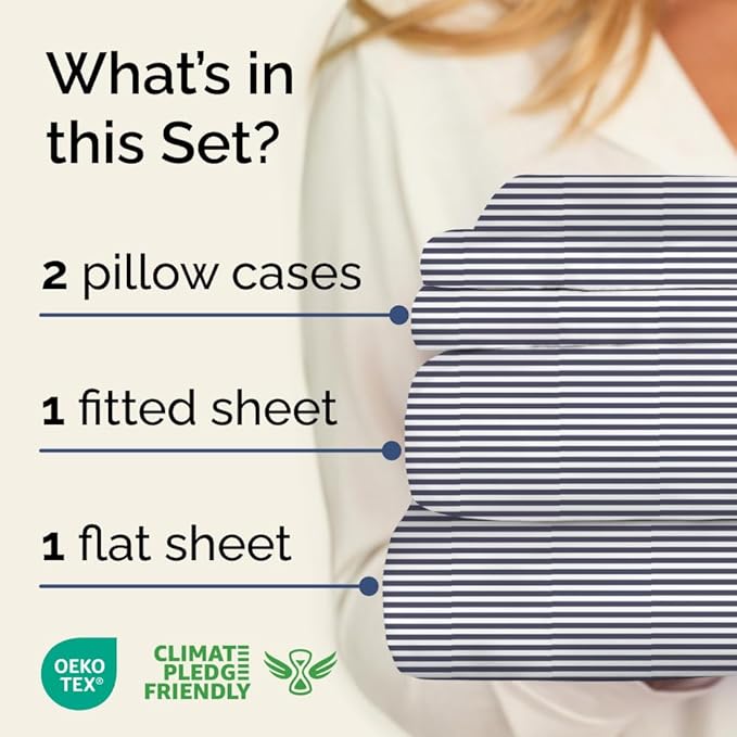 Blue and White Striped Sheets - 1 Flat & 1 Fitted Sheet & 2 Pillowcases w/ Deep Pockets - Cozy, Wrinkle & Fade Resistant - Ultra-Soft, Breathable and Cooling - Luxury Pinstripe Bedding - King Size