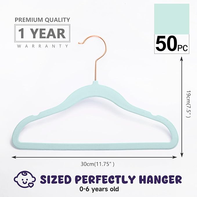 MIZGI Baby Velvet Hangers,Non-Slip Kids & Toddler Hangers,11.8 Inch Hangers for Baby Clothes,Pack of 50(Blue)