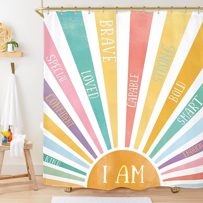 Miyotaa Colorful Sun Pastel Shower Curtain Set 60Wx71H Inches Cute Inspirational Motivational Positive Kids Child Waterproof Bathroom Curtain with 12 Hooks
