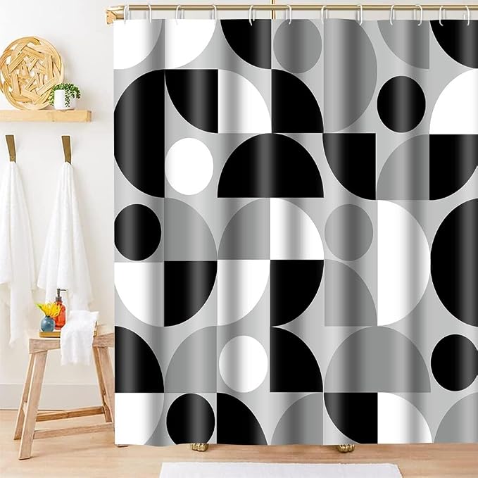 Black White and Grey Mid Century Modern Shower Curtain Boho Abstract Geometric Art Shower Curtains for Bathroom Decor 72x72 Inch Colorful Unique Pattern Washable Fabric Bathroom Set with 12 Hooks