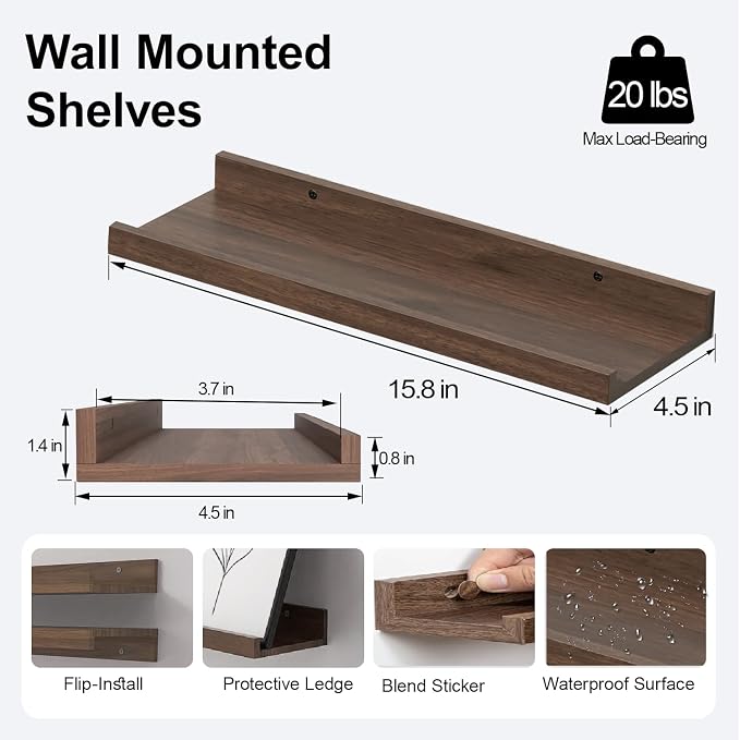 Floating Shelves for Wall Decor, Wall Mounted Wood Storage Shelf for Bedroom, Living Room, Bathroom, Kitchen, Nursery, Rustic Display Picture Ledge Shelf with Lip Set of 2-16 Inches, Walnut