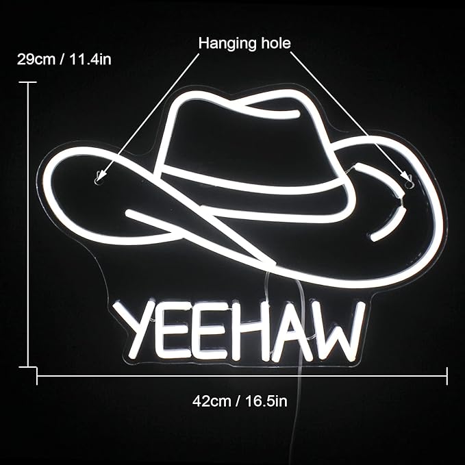 Cowboy Hat Neon Sign Cowboy LED Sign for Wall Decor USB Powered White Cowboy Hat Neon Light for Gameroom Bedroom Livingroom Bar Office Beer Bar 16.5 x11.4 inch