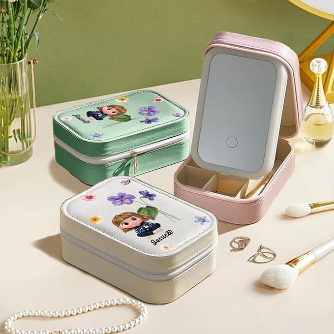 Wrappiness Girls & Women Lovely Makeup Box With LED Mirror - Personalized Jewelry Box Organizer Portable Ideal for Travel, Gift for Daughters Sisters Friends (Birth Month Flower, Toddler Girls)