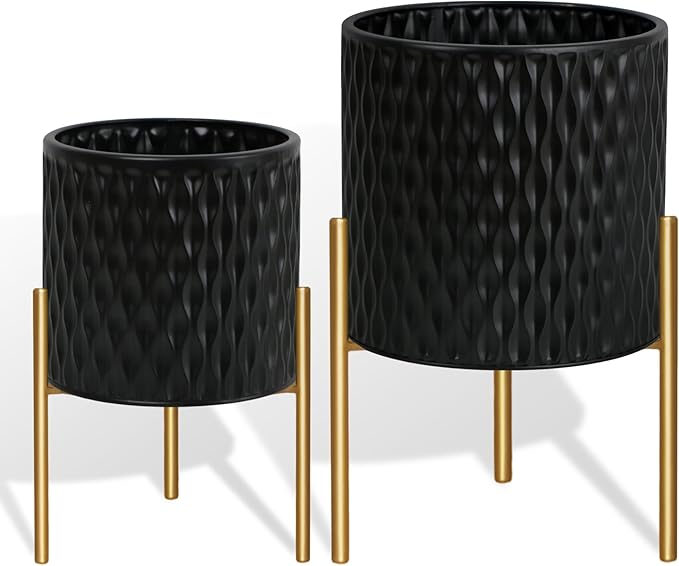 ARNIS Plants Pots with Stand, Large Size Flower Pots, Set of 2 Unique Mid Century Decorative Metal Flower Pots with Drainage,10.5&12.25 Inch, Black